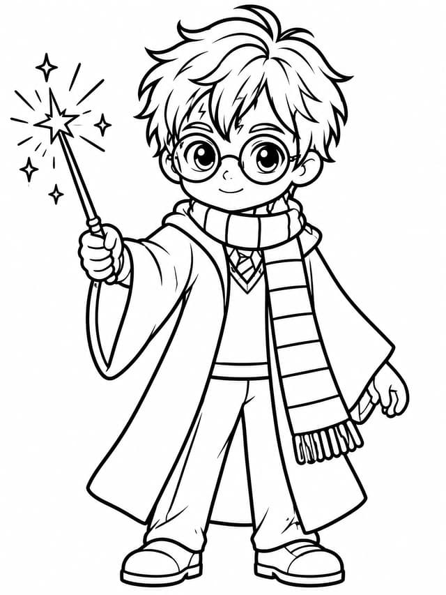 Chibi Harry Potter mit Zauberstab Ausmalbild
