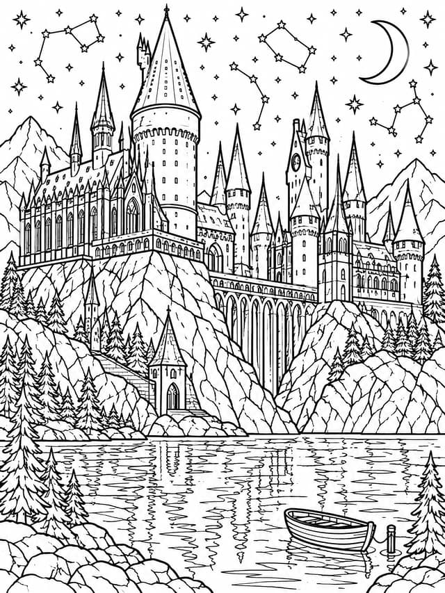 Detailliertes Schloss Hogwarts über dem Schwarzen See Ausmalbild