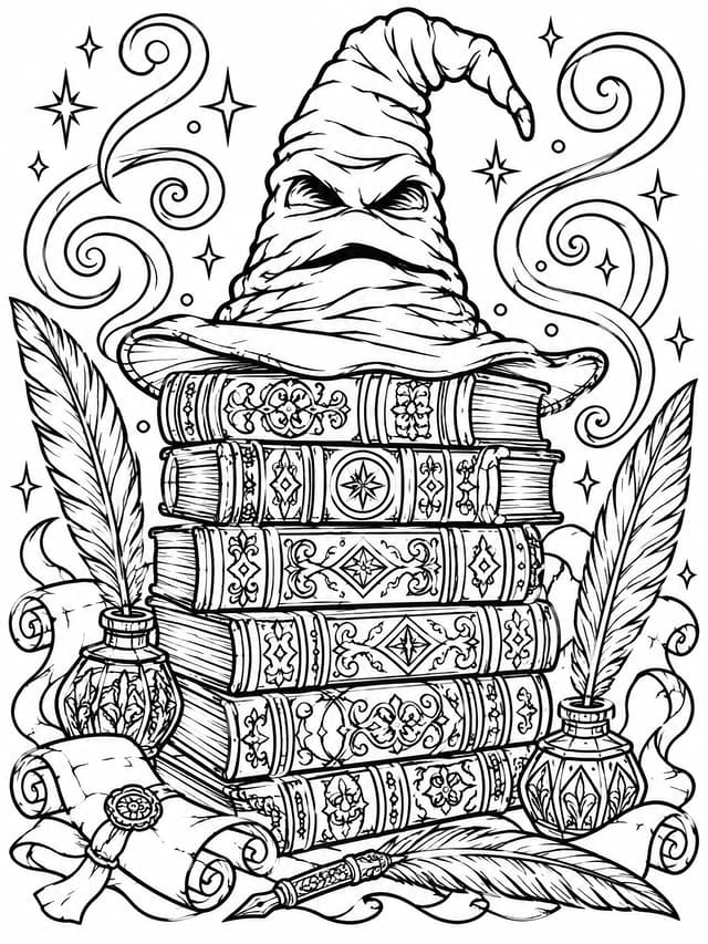 Magischer Sprechender Hut und alte Zauberbücher Ausmalbild