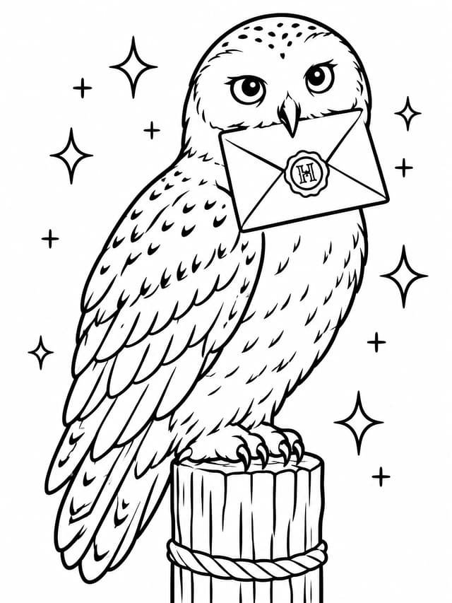 Eule Hedwig mit Aufnahmebrief Ausmalbild