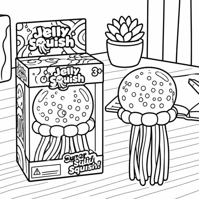 木の机の上のニードー ジェリースクイッシュと箱 塗り絵プリント