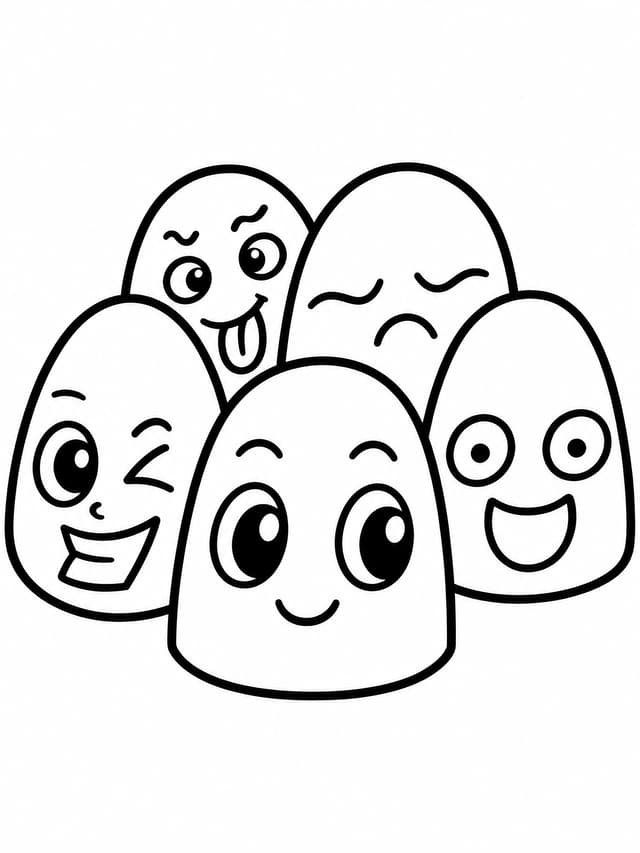 5つの表情豊かなニードー・ガムドロップ・キャラクターの塗り絵