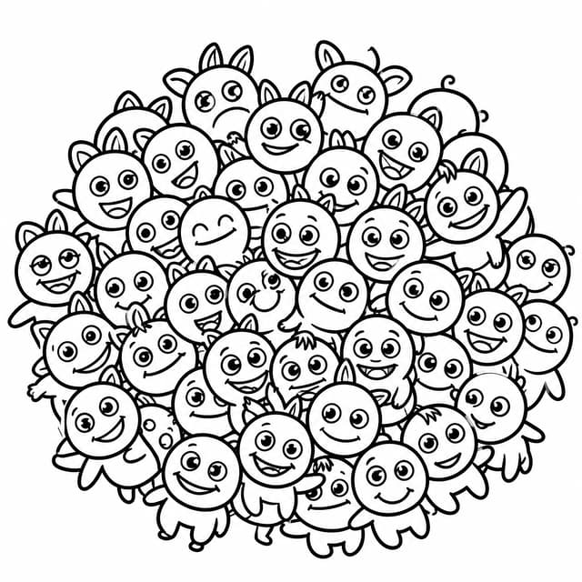 かわいい丸いモンスターの山 ニードー 塗り絵