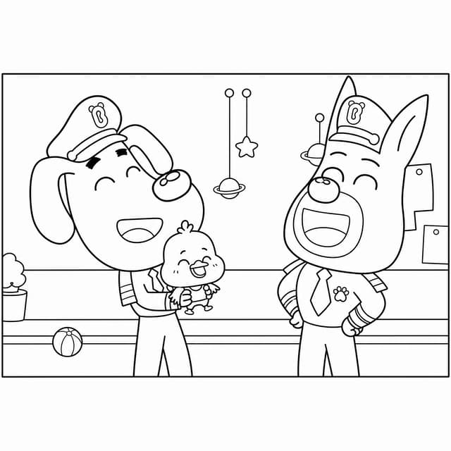 Sheriff Labrador And Officer Dobie Holding Baby Bird coloring page