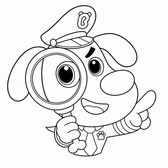 Sheriff Labrador holding magnifying glass pointing coloring page
