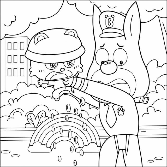 Sheriff Labrador Helping a Friend with Rainbow Coins Coloring Page