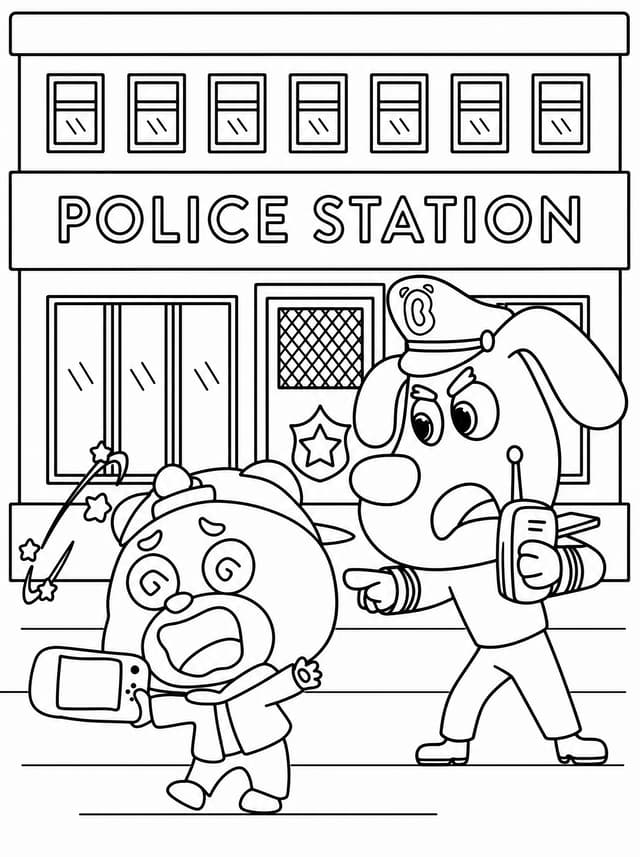 Sheriff Labrador pointing at scared officer coloring page