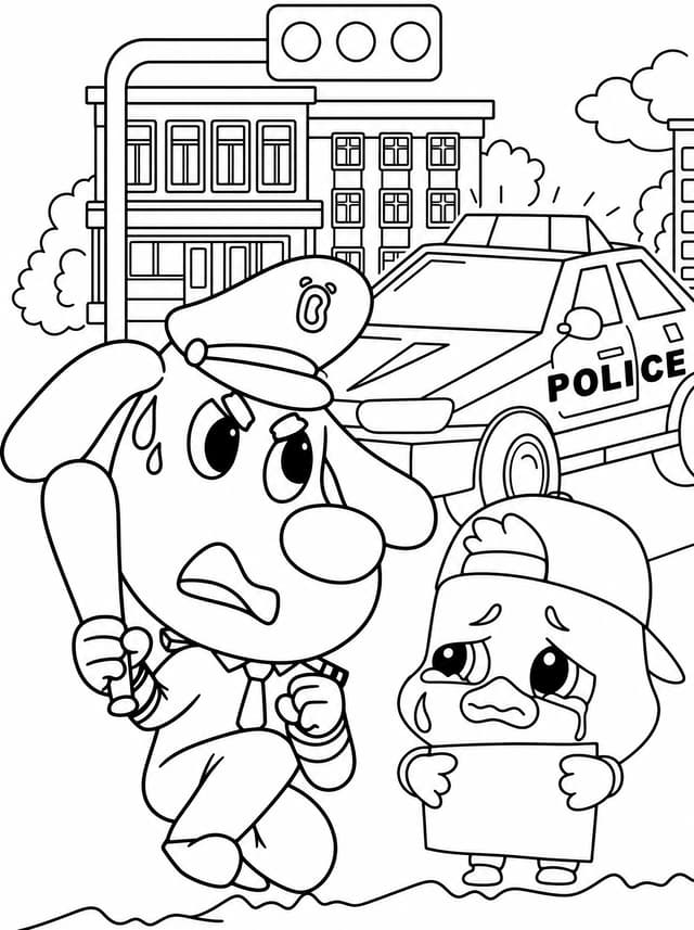 Sheriff Labrador Comforting Little Duck Coloring Page
