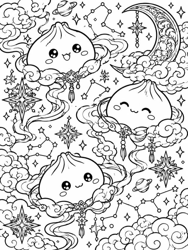 夜空の月とスクイーズ餃子 塗り絵プリント