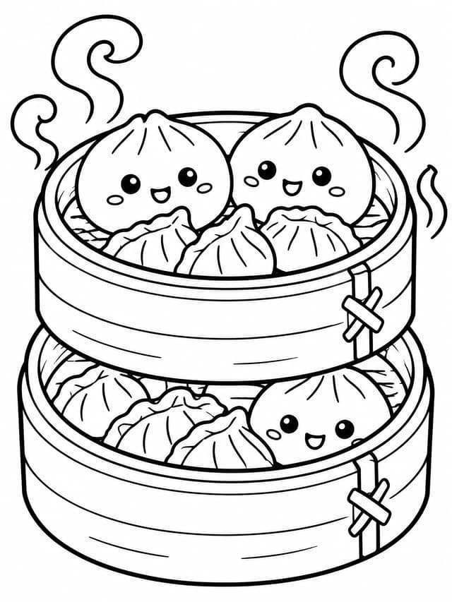 重ねた竹蒸籠の餃子 塗り絵