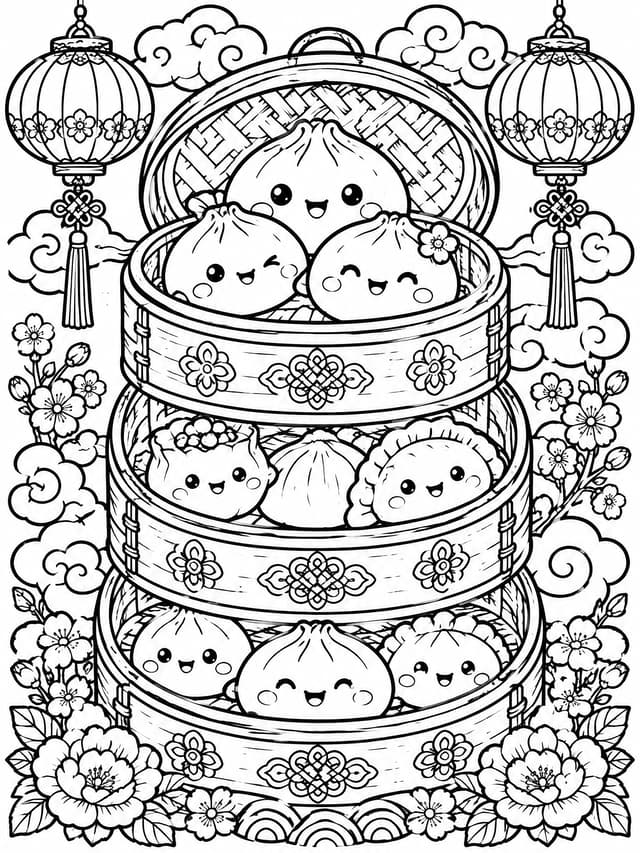 せいろの中の細かい餃子フレンズ 塗り絵