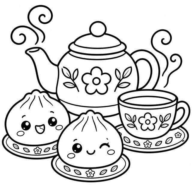 かわいい餃子のティーパーティー 塗り絵