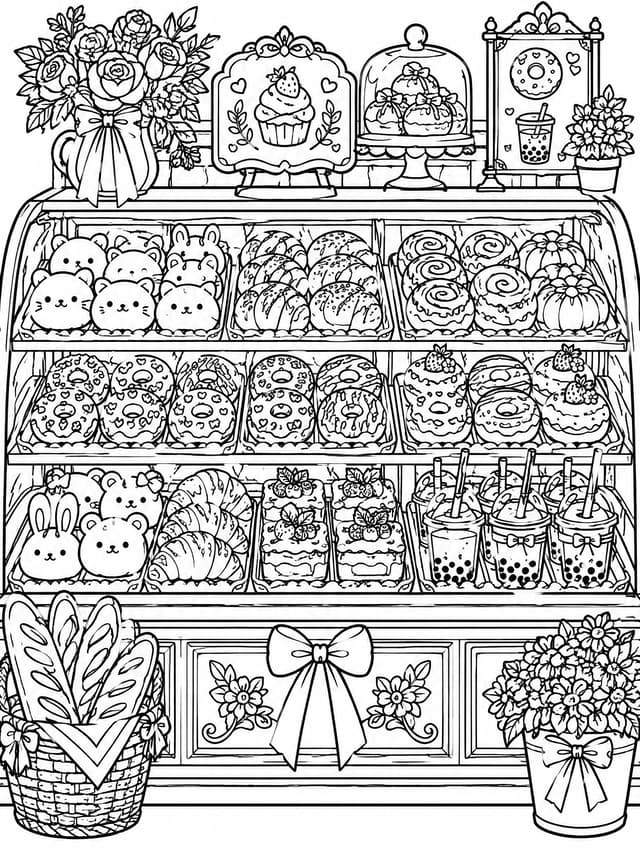 Detailliertes Squishy-Bäckereivitrine Ausmalbild