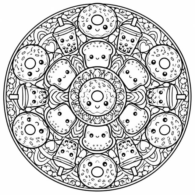 Detailliertes Squishy-Dessert-Mandala Ausmalbild