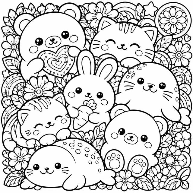 Kawaii Squishy-Tiere Collage Ausmalbild