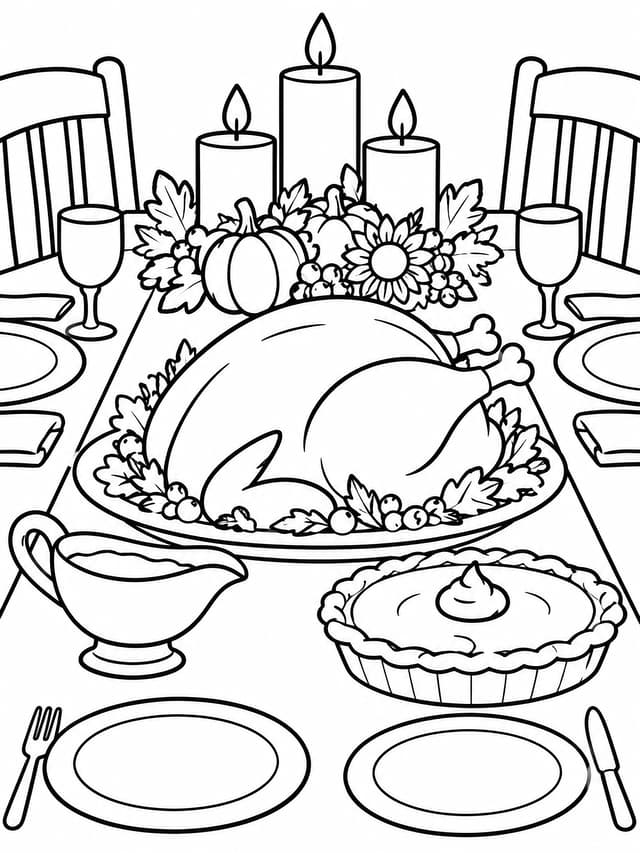 Thanksgiving Dinner Table Scene Coloring Page
