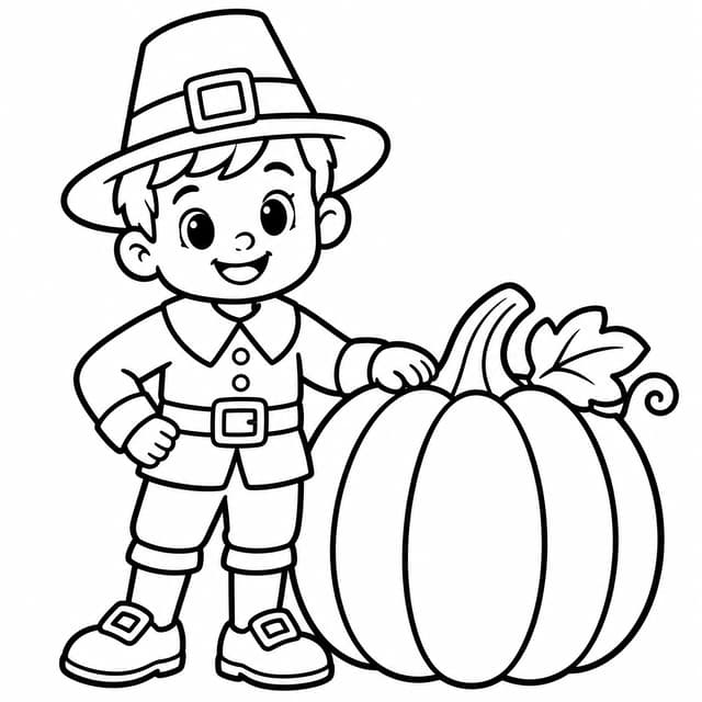 Little Pilgrim Boy and Pumpkin Coloring Page