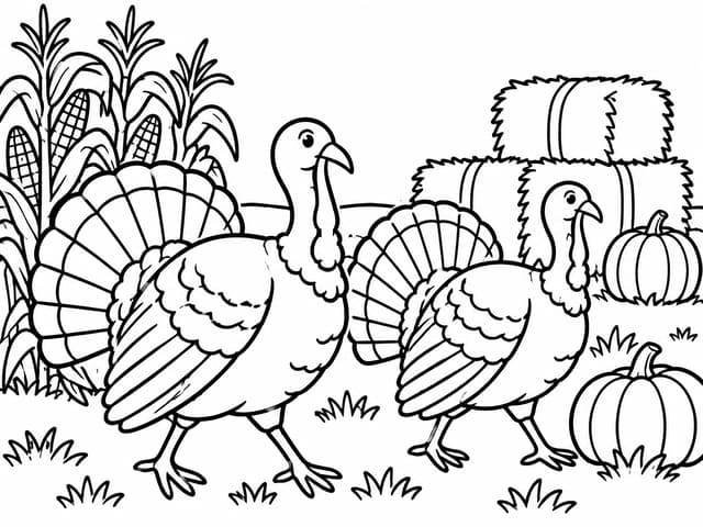 Autumn Harvest Meadow with Turkeys Coloring Page