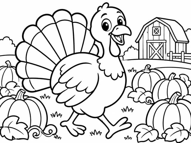 Cartoon Farm Turkey and Pumpkins Coloring Page