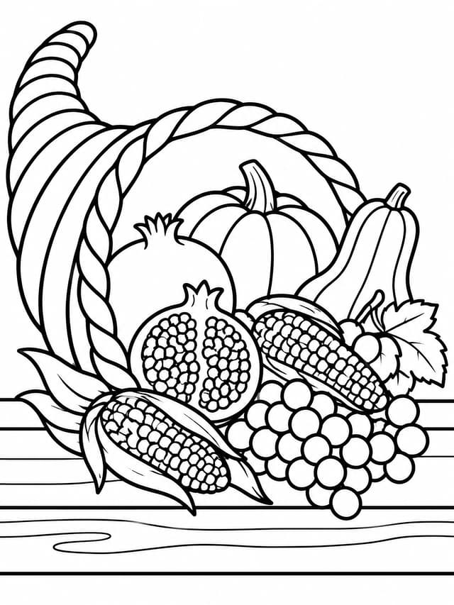 Abundant Cornucopia on Rustic Table Coloring Page