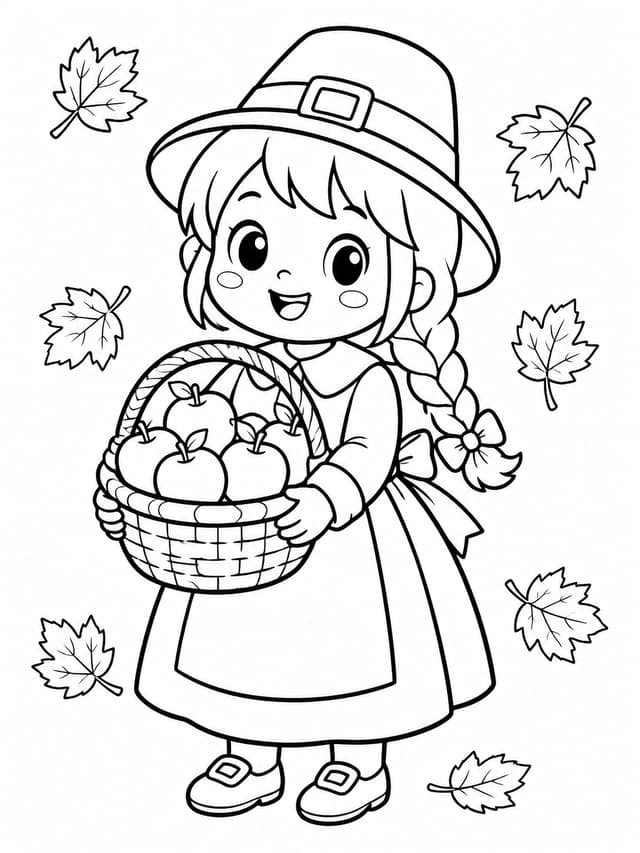 Cute Pilgrim Girl with Autumn Leaves Coloring Page