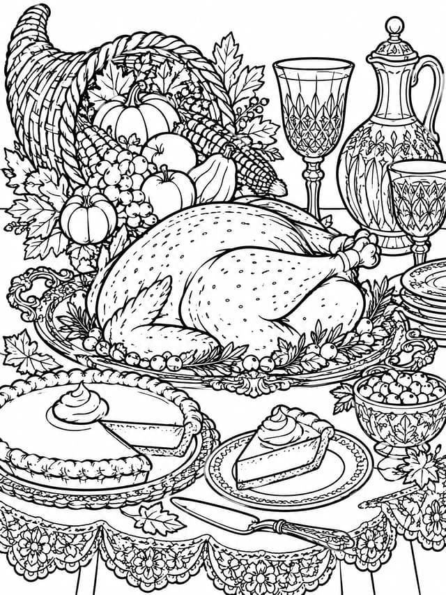 Masterful Thanksgiving Dinner Still Life Coloring Page