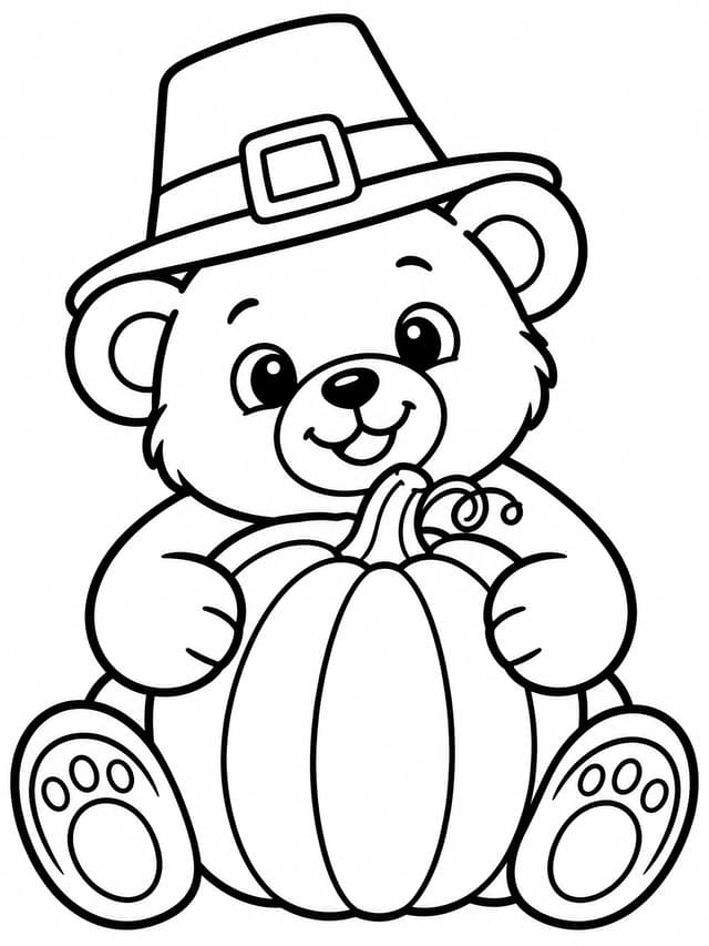 Adorable Pilgrim Bear with Pumpkin Coloring Page