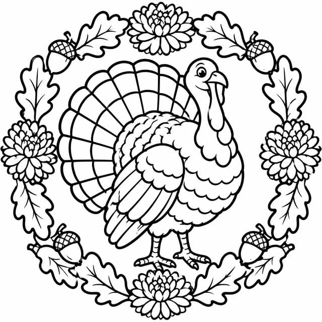 Festive Thanksgiving Turkey with Floral Wreath Coloring Page