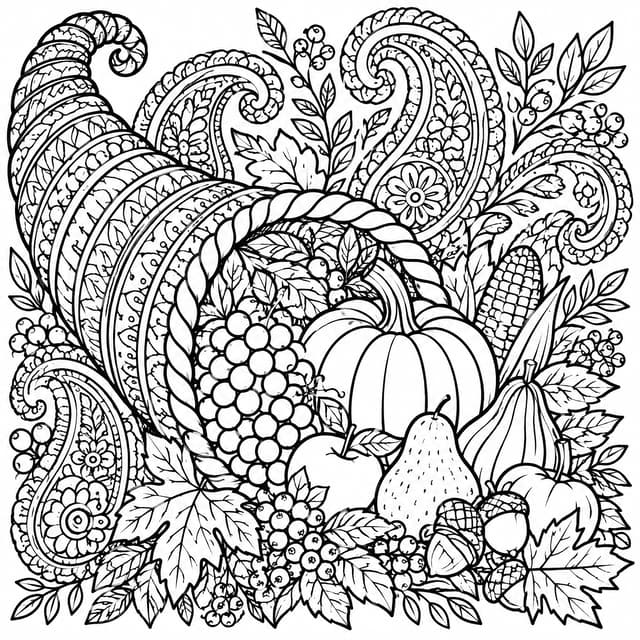 Elaborate Fall Harvest Cornucopia Mandala Coloring Page