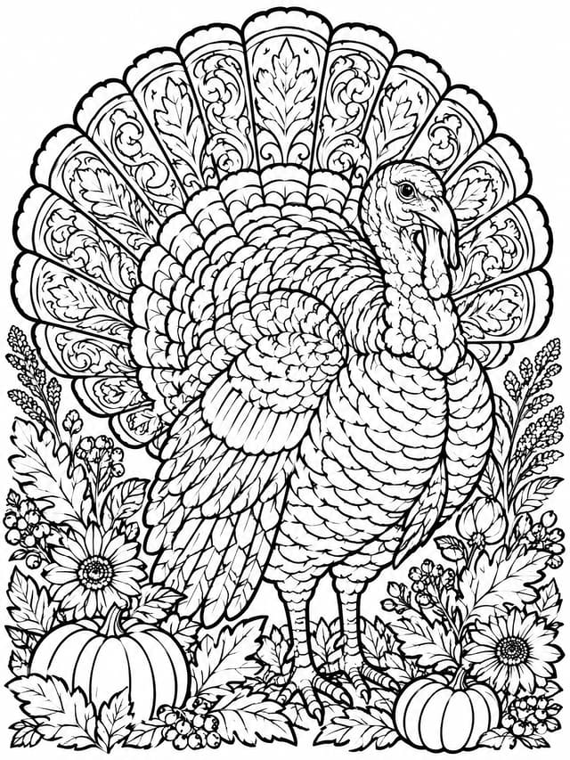 Ornate Thanksgiving Turkey with Flourished Feathers Coloring Page