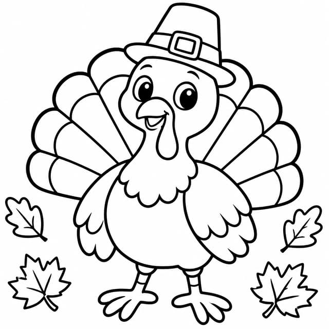 Cute Turkey with Pilgrim Hat Coloring Page