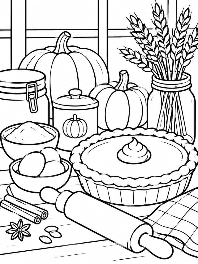 Cozy Kitchen Thanksgiving Baking Scene Coloring Page