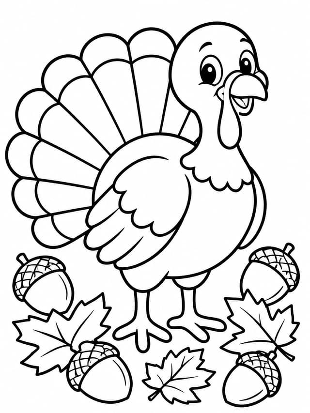 Smiling Turkey with Acorns Coloring Page