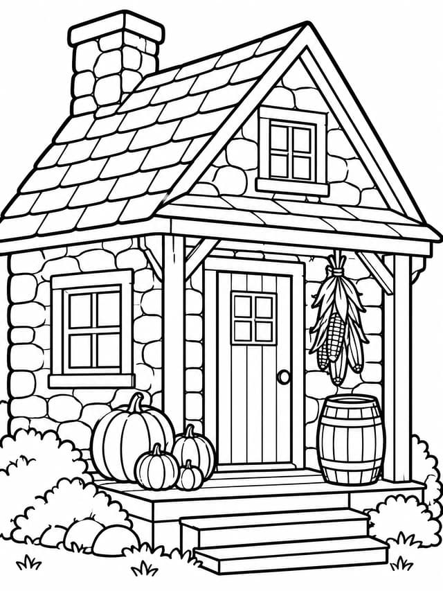 Pilgrim Cottage Autumn Harvest Scene Coloring Page