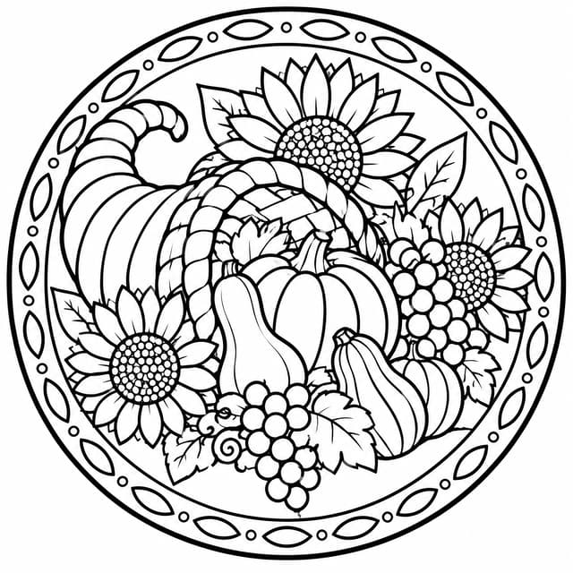 Detailed Cornucopia Harvest Mandala Coloring Page