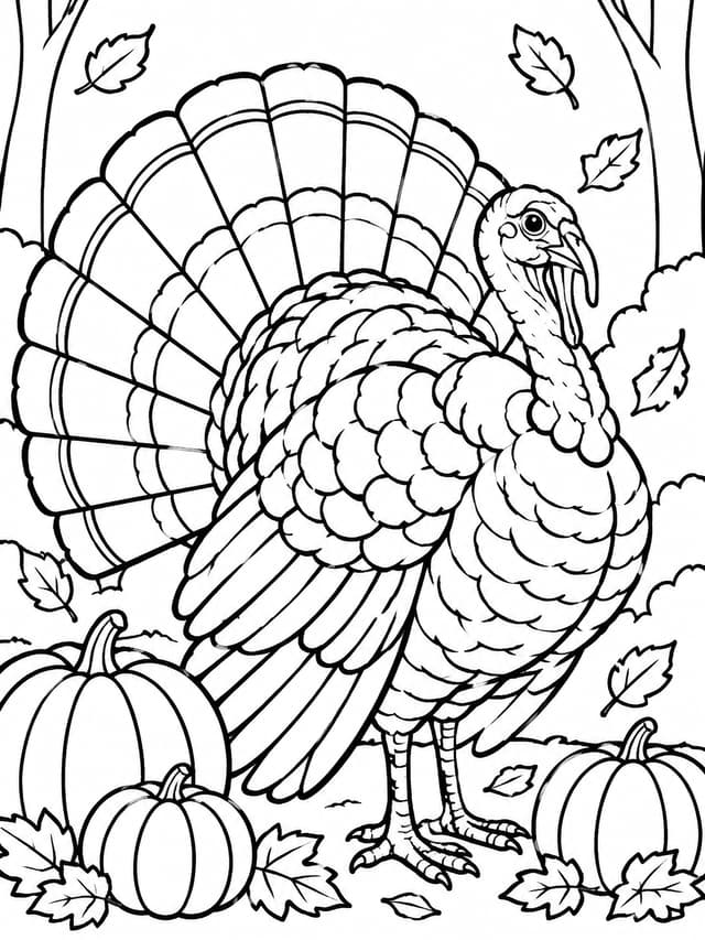 Majestic Turkey with Autumn Foliage Coloring Page
