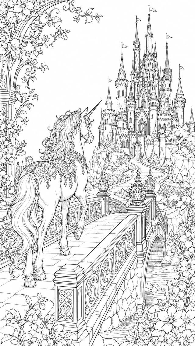 Unicorn Castle Bridge Coloring Page