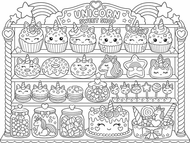 Unicorn Cupcake Shop Coloring Page