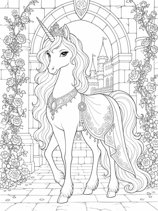 Princess Unicorn Courtyard Coloring Page