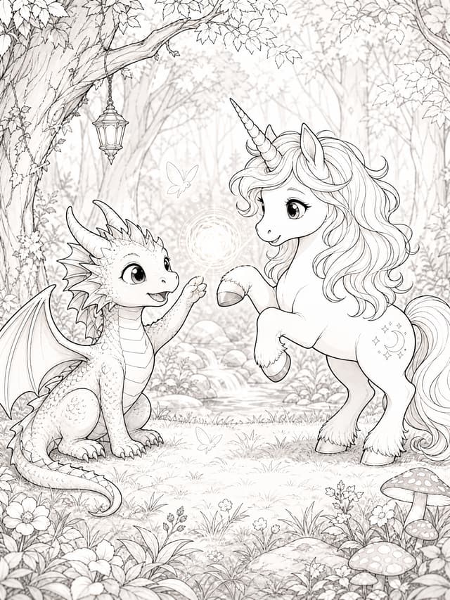 Unicorn Dragon Play Coloring Page