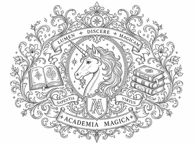 Complex Unicorn Academy Crest Coloring Page