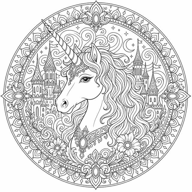 Detailed Unicorn Castle Sunset Coloring Page