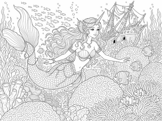 Detailed Unicorn and Mermaid Coral Reef Coloring Page