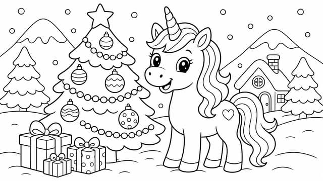 Christmas Unicorn Forest Coloring Page