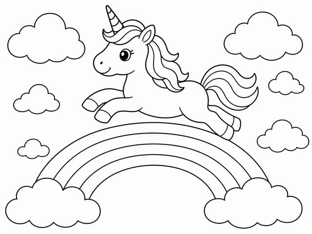 Unicorn and Rainbow Skyline Coloring Page