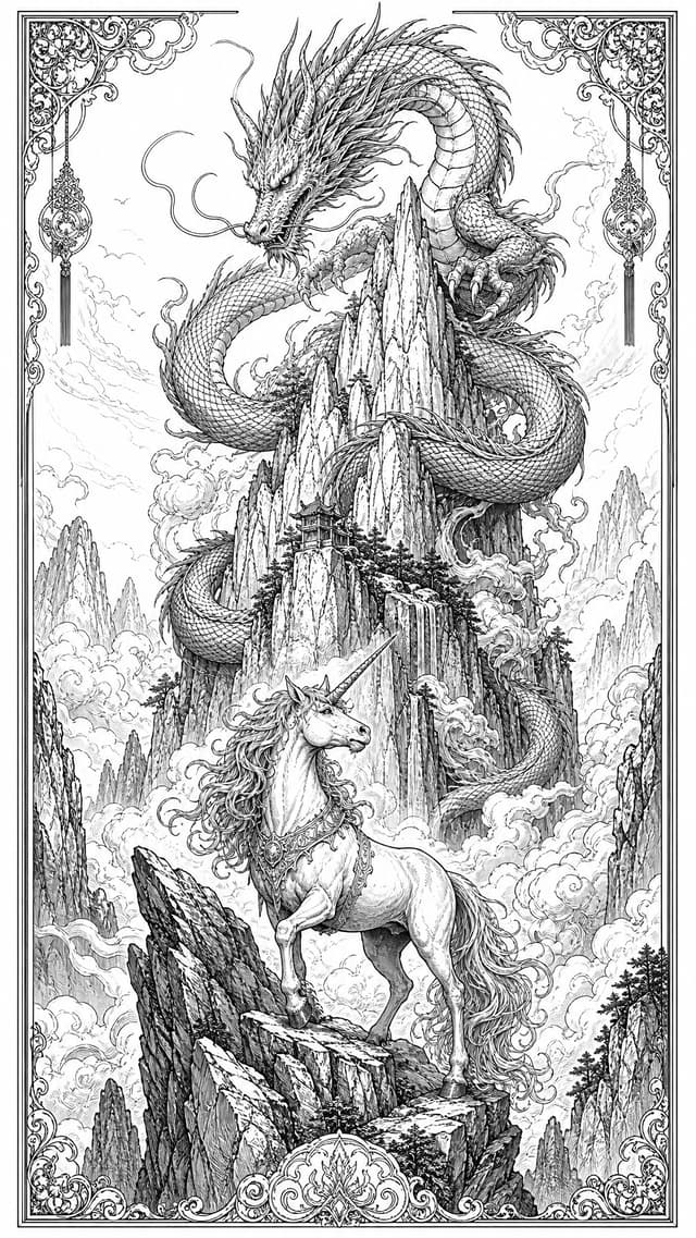 Detailed Unicorn Dragon Mountain Coloring Page