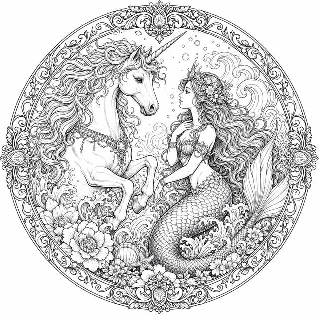 Intricate Unicorn and Mermaid Mandala Coloring Page