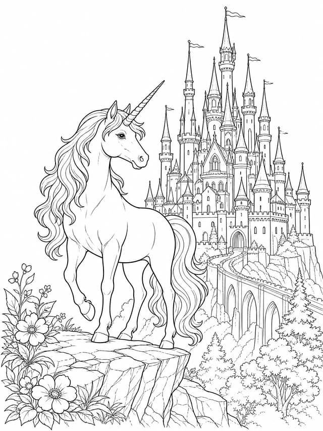 Unicorn Castle Fantasy Coloring Page