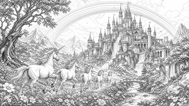 Majestic Unicorn Castle Landscape Coloring Page