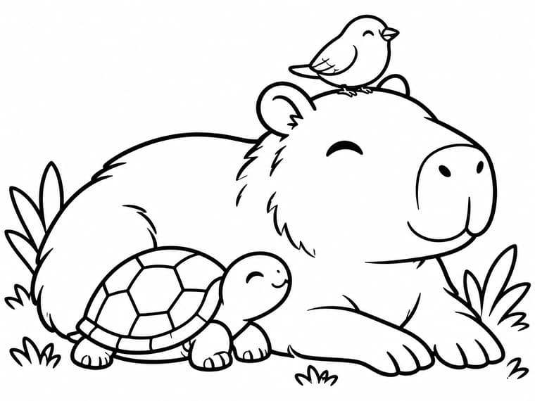 Capybara with Turtle and Bird Coloring Page
